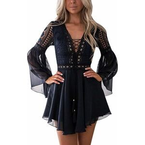 Lace Boho Dress Crochet High Waisted Solid Elegent Ruffle Short Dress Black Sm